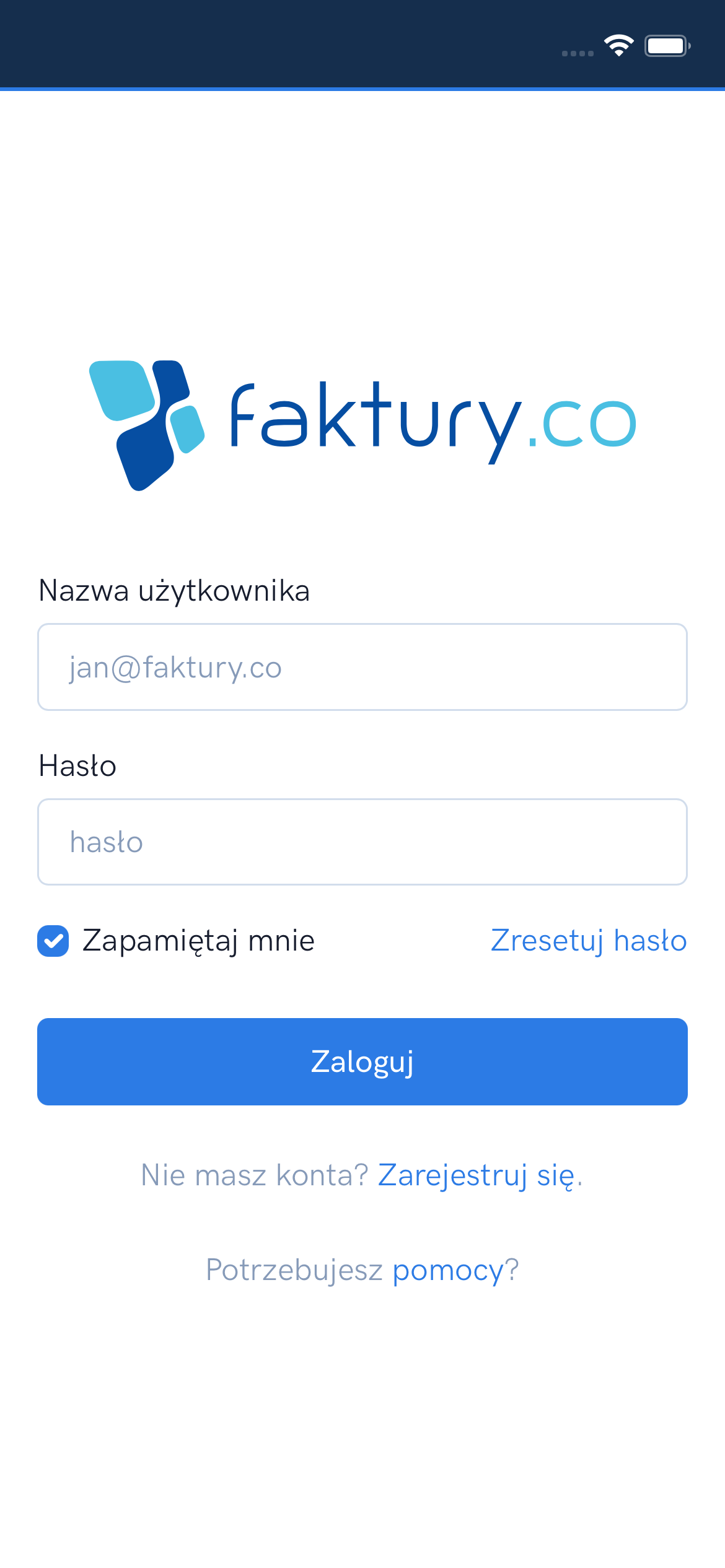 Ekran logowania do aplikacji iOS Faktury.co