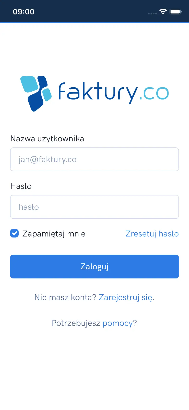 Ekran logowania do aplikacji iOS Faktury.co