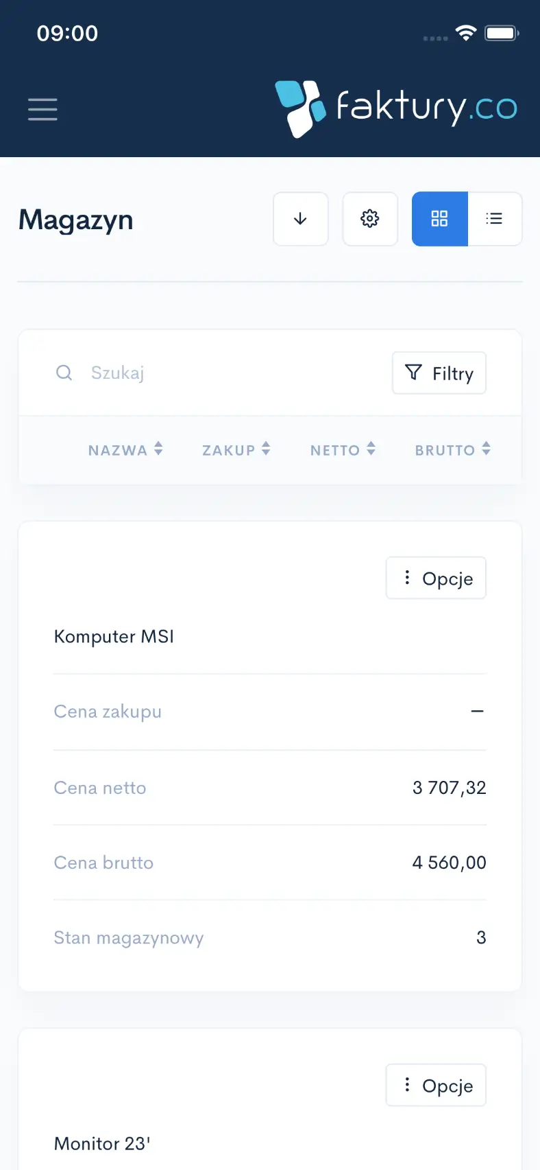Ekran listy produktów w aplikacji Faktury.co